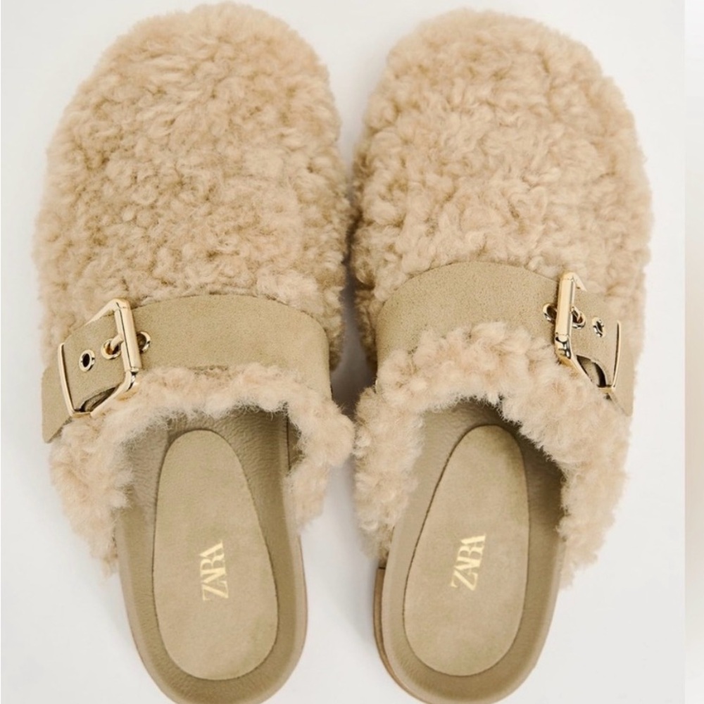 ZARA Beige Faux-Shearling Buckle Mules 10/41